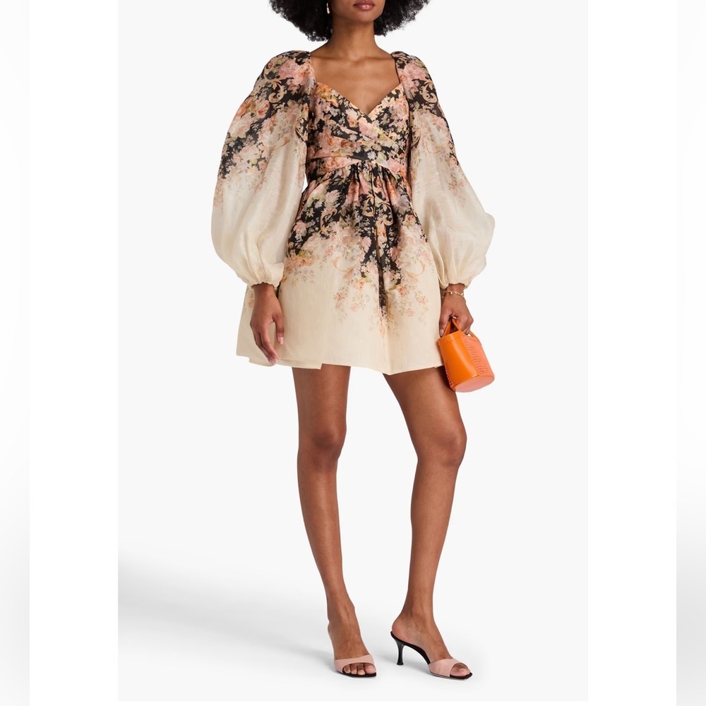Zimmermann Floral Puff-Sleeve Mini Dress in Cream, Black and Pink - Picture 2 of 12